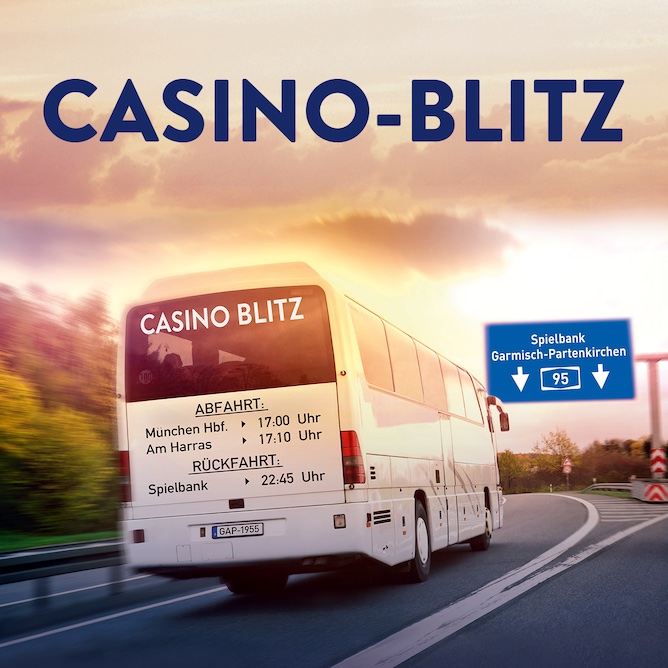 Abbildung eines Busses mit der Aufschrift Casino Blitz auf der Autobahn