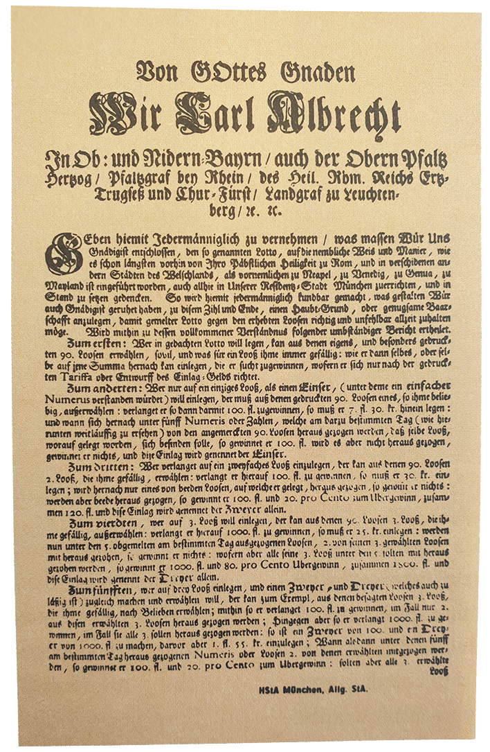 Generalmandat des Kurfürsten Karl Albrecht zur Einführung einer Lotterie in Bayern vom 27. April 1735, Blatt 1