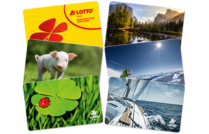 Collage von sechs Motiven für die Kundenkarte von LOTTO Bayern / Bilder: Staatliche Lotterie- und Spielbankverwaltung