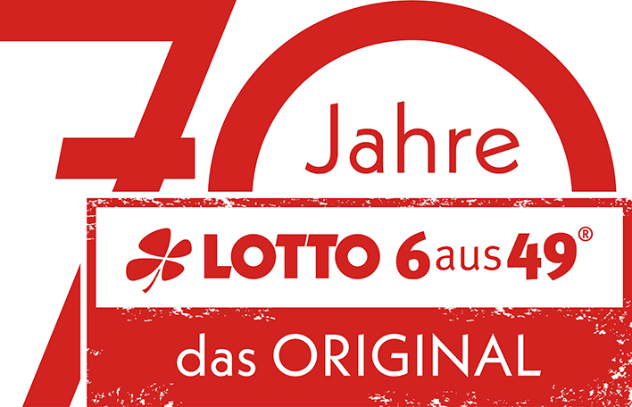 Stempel mit rotem Schriftzug 70 Jahre LOTTO 6aus49 das Original