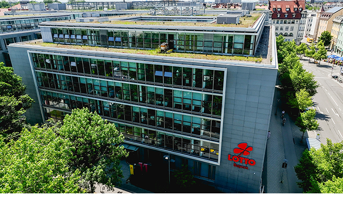 Sommerliche Außenansicht der Zentrale der Staatlichen Lotterie- und Spielbankverwaltung in München. Foto: SLSV