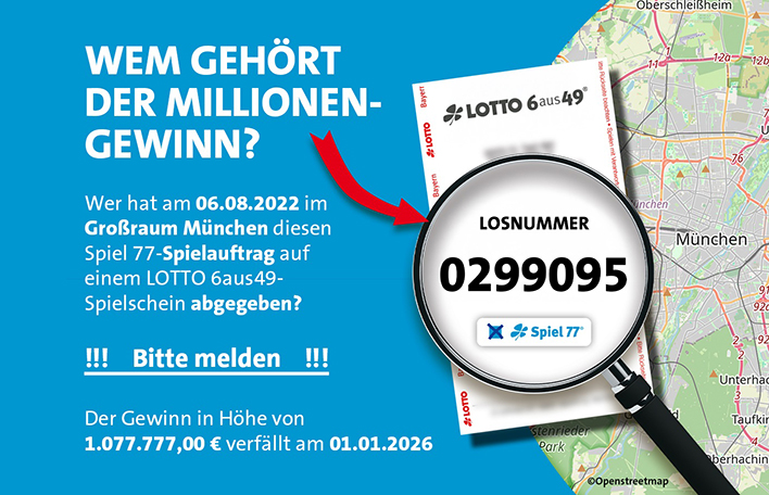 Grafik "Wem gehört der Millionengewinn?" zur Losnummer 0299095bei Spiel 77, Ziehung vom 06.08.2022. Der Gewinn verfällt am 01.01.2026. Bild: SLSV