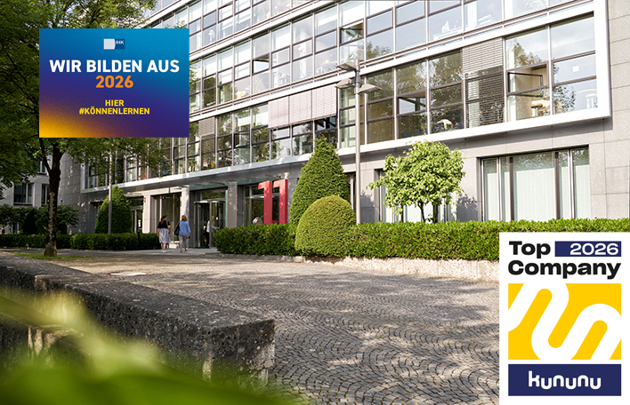 Bild vom Eingangsbereich bei LOTTO Bayern in München mit den Logos von Kununu und der IHK-Kampagne "Wir bilden aus". Collage: SLSV