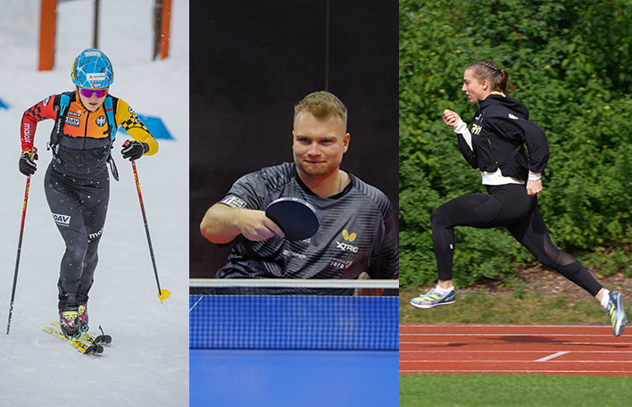 Collage zur Bayerischen Sportstifttung (gefördert durch die Sieger-Chance, Zusatzlotterie der GlücksSpirale). Von links nach rechts Helena Euringer (Foto: ISMF), Nicolai Sommer (Foto: SLSV) und Mona Mayer (Foto: SLSV).
