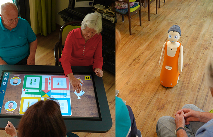 Wohlfahrt: Collage Caretable und Betreuungsroboter Tagesstätte Bernried. Foto: SLSV