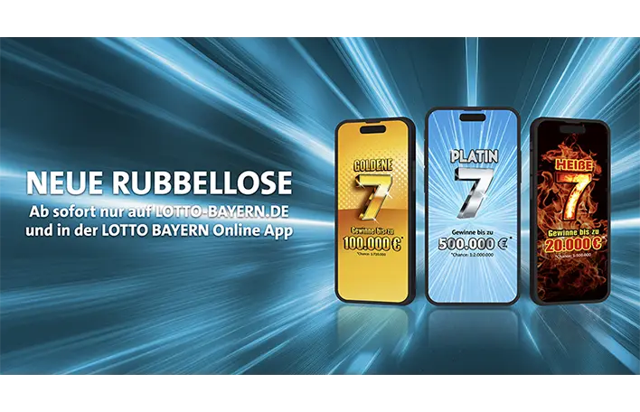 Neue Rubbellose GOLDENE 7, PLATIN 7 und HEIßE 7 (v. l. n. r.) auf Smartphones dargestellt. Text: Neue Rubellose. Ab sofort nur auf LOTTO-BAYERN.DE und in der LOTTO BAYERN Online-App. Bildquelle: SLSV